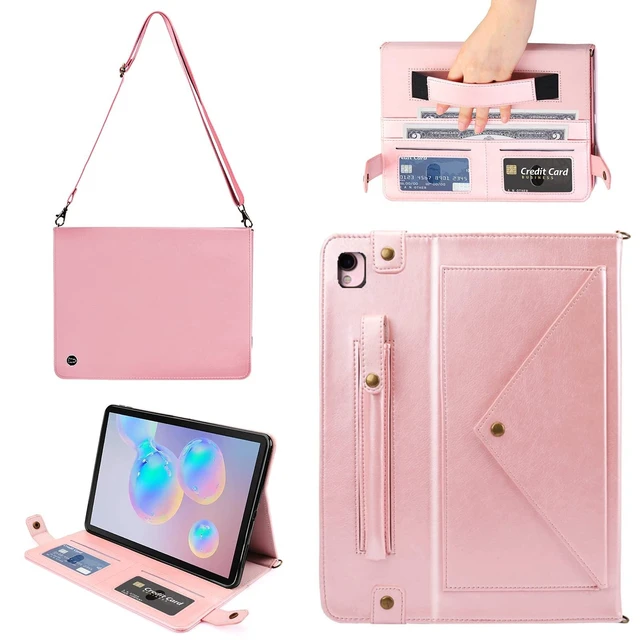 Alt view image 6 of 10 - Case for iPad Air 3rd Gen/iPad Pro 10.5/iPad 10.2, Techcircle Smart Folio Stand PU Leather Cover with Hand Strap, Crossbody iPad Case w/Pencil Holder Card Slots Envelope Pocket Wallet Case, Rose Gold