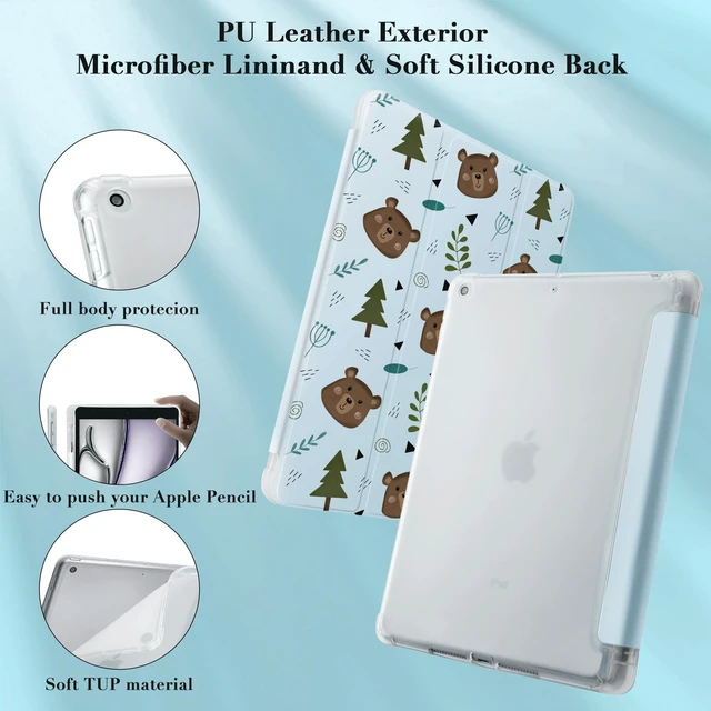 Alt view image 9 of 10 - Idocolors Cute Bear Case for 10.2" iPad 9th/7th/8th Generation, Clear TPU Smart Stand Back Cover with Pencil Holder, Auto Wake/Sleep Protective Case for iPad 2021/2020/2019