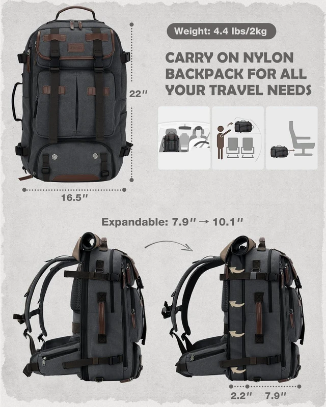 Alt view image 7 of 10 - Gonex Canvas Backpack, Vintage 3-in-1 Convertible Laptop Bag for Travel, Work & College, Large Carry-On Rucksack for Men & Women (Dark Grey)