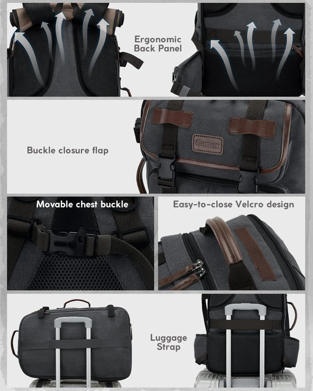 Alt view image 9 of 10 - Gonex Canvas Backpack, Vintage 3-in-1 Convertible Laptop Bag for Travel, Work & College, Large Carry-On Rucksack for Men & Women (Dark Grey)