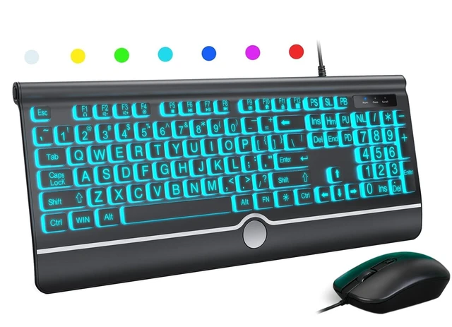 Alt view image 6 of 10 - Wired Keyboard and Mouse Combo - Large Print Light Up Keyboard, USB Silent Wired Backlit Keyboard and Optical Mouse for Windows, PC, Laptop - Easy to See, USB Play and Plug