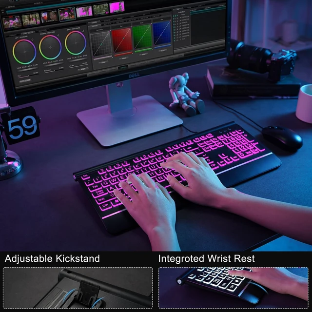 Alt view image 10 of 10 - Wired Keyboard and Mouse Combo - Large Print Light Up Keyboard, USB Silent Wired Backlit Keyboard and Optical Mouse for Windows, PC, Laptop - Easy to See, USB Play and Plug