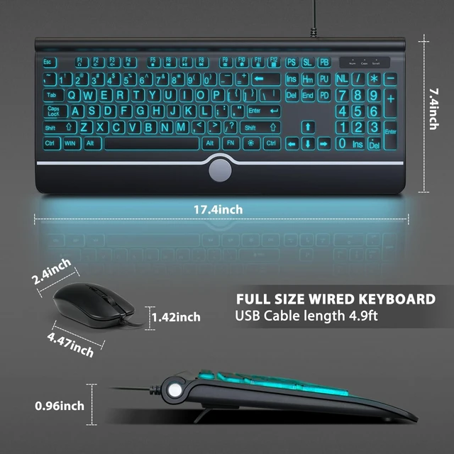 Alt view image 7 of 10 - Wired Keyboard and Mouse Combo - Large Print Light Up Keyboard, USB Silent Wired Backlit Keyboard and Optical Mouse for Windows, PC, Laptop - Easy to See, USB Play and Plug