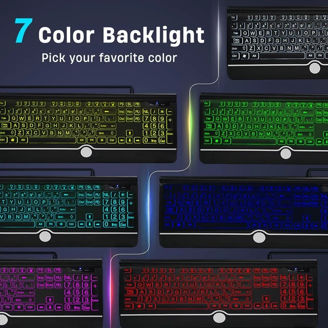 Alt view image 8 of 10 - Wired Keyboard and Mouse Combo - Large Print Light Up Keyboard, USB Silent Wired Backlit Keyboard and Optical Mouse for Windows, PC, Laptop - Easy to See, USB Play and Plug