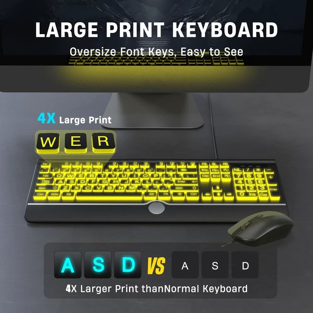 Alt view image 9 of 10 - Wired Keyboard and Mouse Combo - Large Print Light Up Keyboard, USB Silent Wired Backlit Keyboard and Optical Mouse for Windows, PC, Laptop - Easy to See, USB Play and Plug