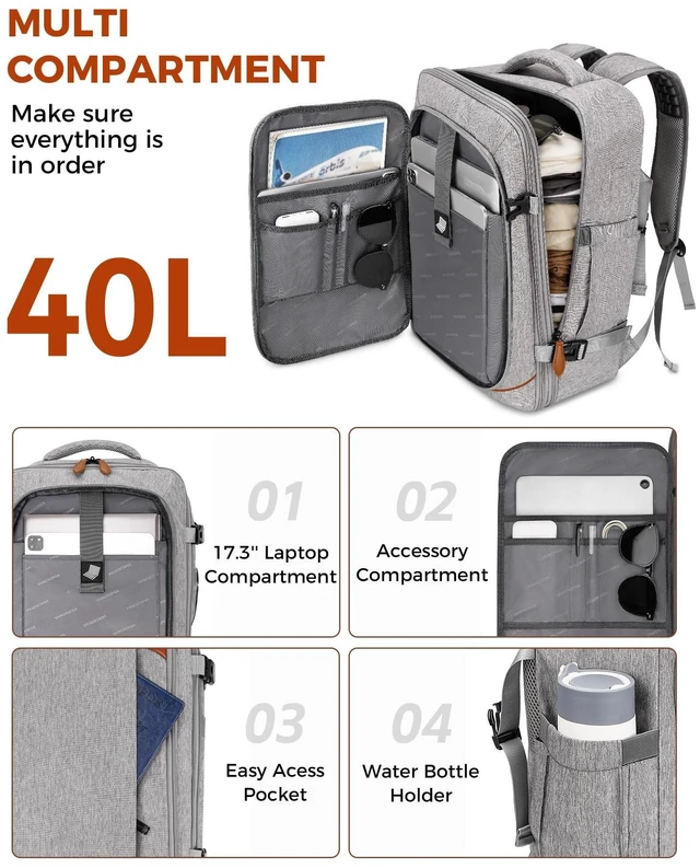 Alt view image 7 of 10 - Vancropak Carry on Backpack, Flight Approved 18x14x8 Travel Backpack with 3 Packing Cubes, Expandable Large 40L Travel Bag fits 17.3" Laptop, Anti Theft Luggage Suitcase Weekend for Women Men, Grey