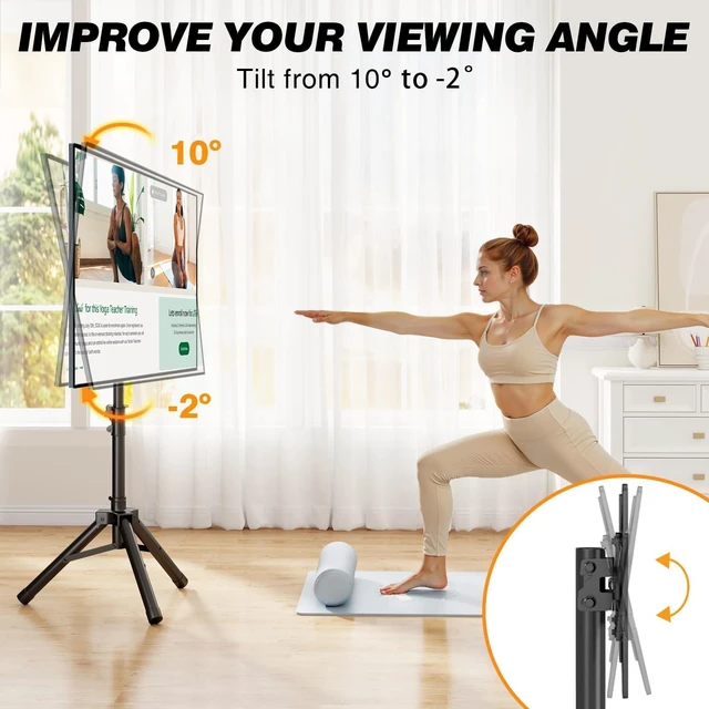 Alt view image 7 of 10 - Portable TV Tripod Stand for 22-50 Inch Screens, Height Adjustable Floor TV Stand with Tilt and 360 Rotation for Landscape & Portrait Mode, Foldable Outdoor TV Mount for Bedroom, Trade Show, Corner