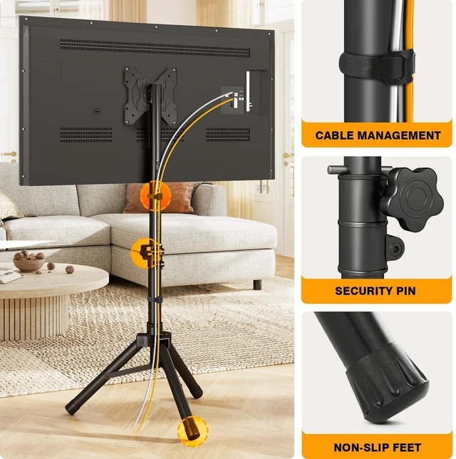Alt view image 10 of 10 - Portable TV Tripod Stand for 22-50 Inch Screens, Height Adjustable Floor TV Stand with Tilt and 360 Rotation for Landscape & Portrait Mode, Foldable Outdoor TV Mount for Bedroom, Trade Show, Corner