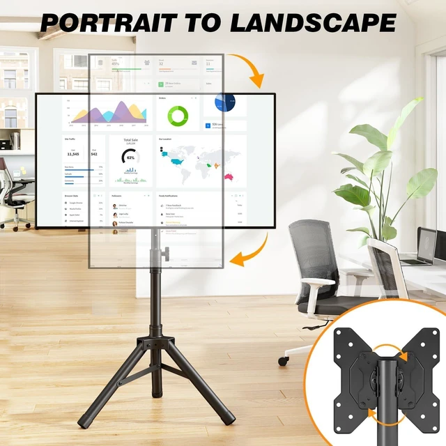 Alt view image 9 of 10 - Portable TV Tripod Stand for 22-50 Inch Screens, Height Adjustable Floor TV Stand with Tilt and 360 Rotation for Landscape & Portrait Mode, Foldable Outdoor TV Mount for Bedroom, Trade Show, Corner