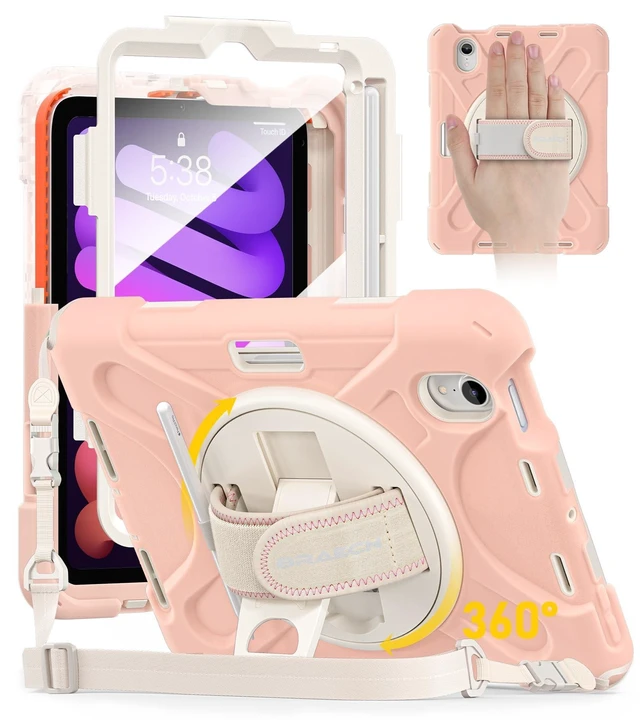 Alt view image 6 of 10 - BRAECN Case for iPad mini 7 (A17 Pro) 2024/iPad Mini 6 2021 8.3" with Screen Protector Pencil Holder, Protective Heavy Duty Case for iPad mini 7th/6th Gen, 360 Rotating Stand & Hand Strap for Kids