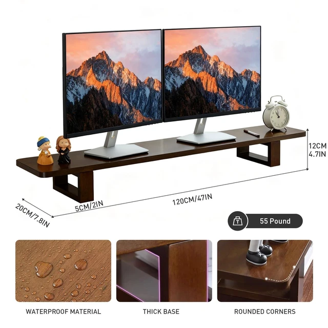 Alt view image 7 of 10 - sanheshun Dual Monitor Stand Riser, 47Inch Solid Wood Desktop Organizer with Non-Slip Pads, Holder for 2 Monitors, Laptops, TV, PC, Printer, Walnut Finish