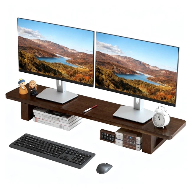 Alt view image 6 of 10 - sanheshun Dual Monitor Stand Riser, 47Inch Solid Wood Desktop Organizer with Non-Slip Pads, Holder for 2 Monitors, Laptops, TV, PC, Printer, Walnut Finish