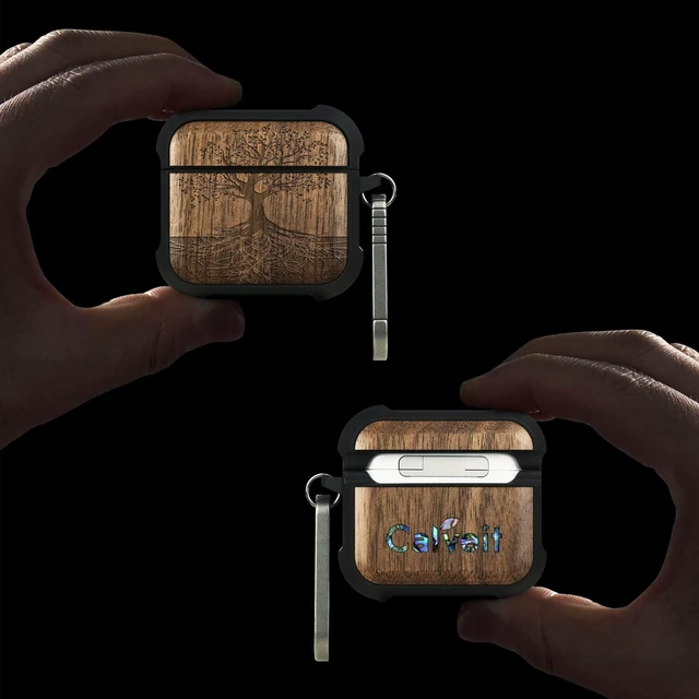 Alt view image 7 of 10 - Carveit Wooden Case for AirPods 4 Case (2024) (USB-C) 4th Generation, Wood Artisan Engraved & TPU Shockproof Cover, Titanium Quick Released Clasp (The Yin Yang Tree) Walnut
