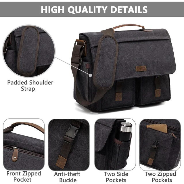 Alt view image 10 of 10 - VASCHY Messenger Bag for Men, Water Resistant Canvas 14inch Laptop Shoulder Commuter Bag for Men and Women Dark Gray