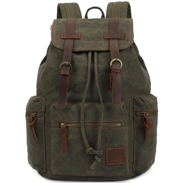 Alt view image 6 of 10 - YOUNXSL Canvas Vintage Backpack PU Leather Casual Bookbag Men Women Laptop Travel Rucksack Green