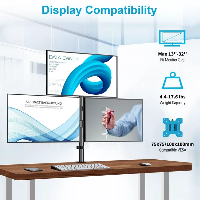 Alt view image 7 of 10 - MOUNTUP Triple Monitor Stand, Height Adjustable Monitor Desk Mount Fit for 17 to 32 Inch Computer Screens, Stacked Monitors Arm for 3 Monitors, with C-Clamp and Grommet Base, up to 17.6lbs per Arm