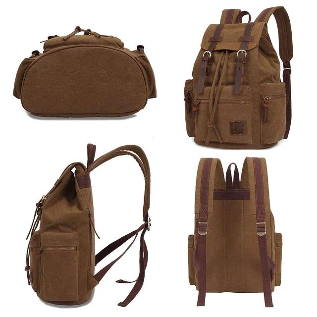 Alt view image 10 of 10 - YOUNXSL Canvas Vintage Backpack PU Leather Casual Bookbag Men Women Laptop Travel Rucksack Green