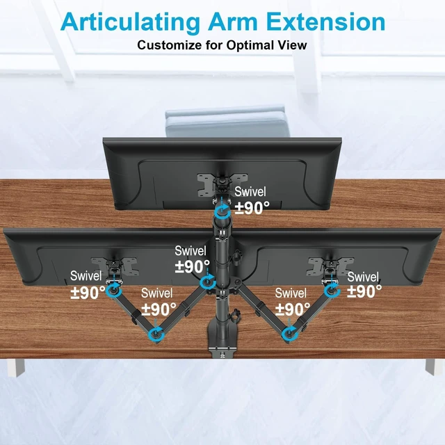 Alt view image 10 of 10 - MOUNTUP Triple Monitor Stand, Height Adjustable Monitor Desk Mount Fit for 17 to 32 Inch Computer Screens, Stacked Monitors Arm for 3 Monitors, with C-Clamp and Grommet Base, up to 17.6lbs per Arm