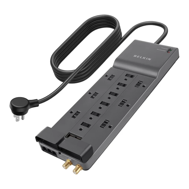 Alt view image 6 of 10 - Belkin Power Strip Surge Protector with 12 AC Multiple Outlets, 10 ft Long Flat Plug Heavy Duty Extension Cord for Home, Office, Travel, Computer Desktop, Laptop & Phone Charging Bricks (4,156 Joules)