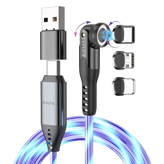 Alt view image 6 of 10 - Statik 360 Pro Magnetic Charging Cable - Type C Charger Fast Charging 3 in 1 USB C to USB C Cable, Micro USB & iProduct Tips, USB A Adapter, Fits All Devices - 100W Fast Charger, GloBright 6FT/2M