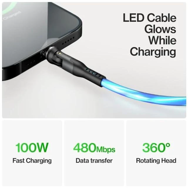 Alt view image 10 of 10 - Statik 360 Pro Magnetic Charging Cable - Type C Charger Fast Charging 3 in 1 USB C to USB C Cable, Micro USB & iProduct Tips, USB A Adapter, Fits All Devices - 100W Fast Charger, GloBright 6FT/2M