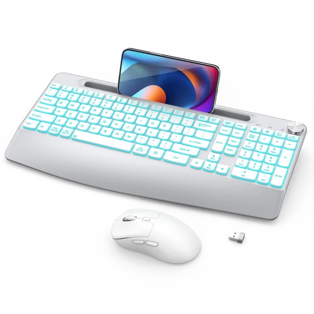 Alt view image 6 of 10 - GAMCATZ Wireless Keyboard and Mouse Backlits - Full-Sized Ergonomic Lighted Keyboard with Wrist Rest, Phone Holder,2.4GHz Rechargeable Silent Keyboard Mouse Combo for Computer, Laptop, PC, Mac -White