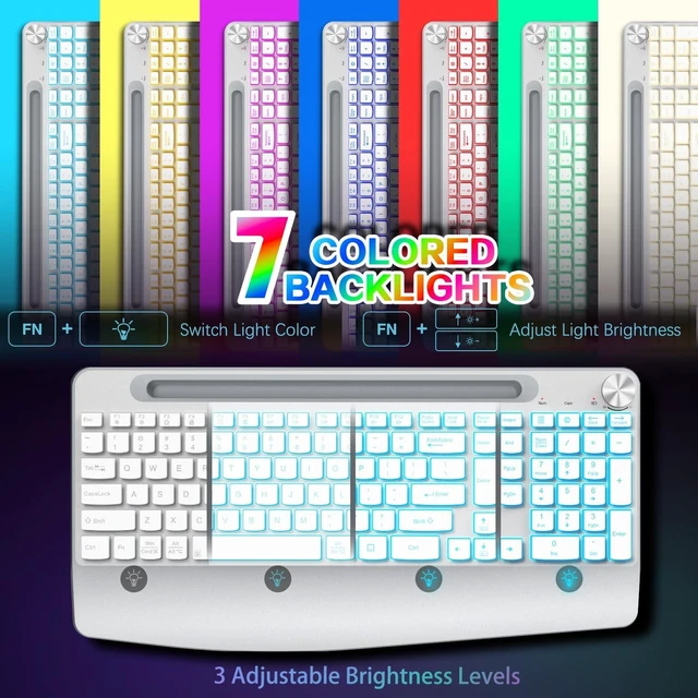 Alt view image 7 of 10 - GAMCATZ Wireless Keyboard and Mouse Backlits - Full-Sized Ergonomic Lighted Keyboard with Wrist Rest, Phone Holder,2.4GHz Rechargeable Silent Keyboard Mouse Combo for Computer, Laptop, PC, Mac -White