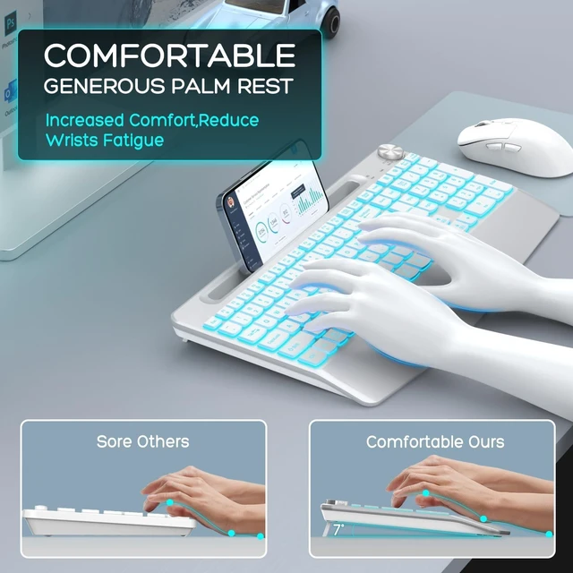 Alt view image 8 of 10 - GAMCATZ Wireless Keyboard and Mouse Backlits - Full-Sized Ergonomic Lighted Keyboard with Wrist Rest, Phone Holder,2.4GHz Rechargeable Silent Keyboard Mouse Combo for Computer, Laptop, PC, Mac -White