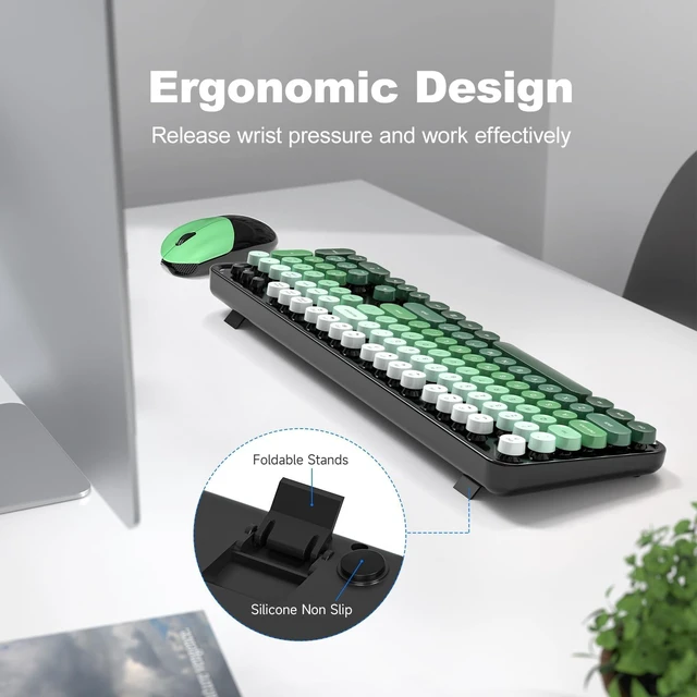 Alt view image 8 of 10 - SQMD Wireless Keyboard and Mouse Combo, 2.4GHz Retro Full-Size Typewriter Keyboard with Number Pad and Wireless Mouse for PC/Laptop/Desktop/Windows (Black Green)