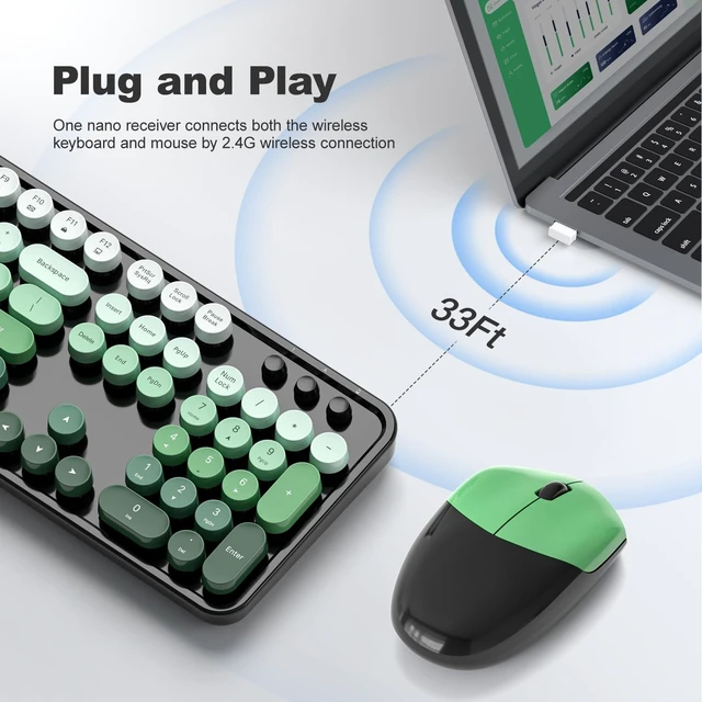 Alt view image 7 of 10 - SQMD Wireless Keyboard and Mouse Combo, 2.4GHz Retro Full-Size Typewriter Keyboard with Number Pad and Wireless Mouse for PC/Laptop/Desktop/Windows (Black Green)