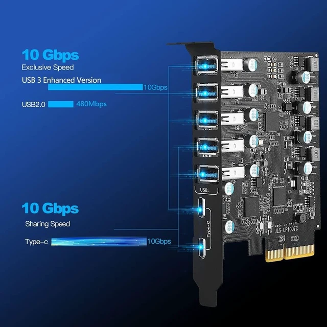Alt view image 10 of 10 - PCIe to USB 7-Ports (2X USB C - 5 Type A) Expansion Card with 10 Gbps Bandwidth PCI Express Add on Card PC Internal USB3 hub for Windows 10/8/7 and Mac OS 10.8.2 Above