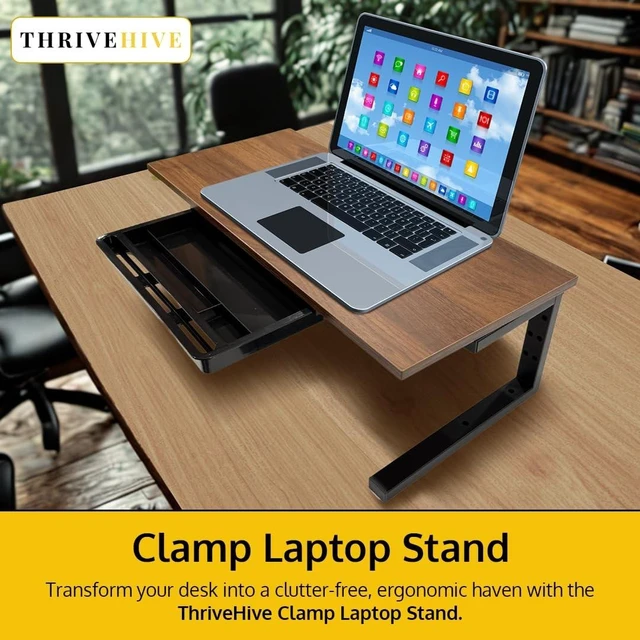Alt view image 7 of 10 - ThriveHive Ergonomic Clamp-On Laptop and Computer Monitor Riser Stand with Drawer, 21.6 x 9.8 inch - Dark Brown^^Laptop Stand for Desk, Monitor Riser, Desk Organizer, Office Desk Home Workspace