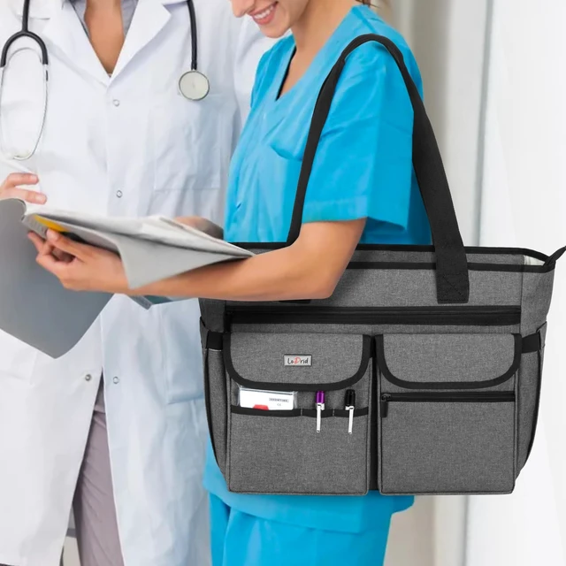 Alt view image 7 of 10 - LoDrid Nurse Tote with Padded Bottom, Separated Storage for Laptops up to 15.6 Inch, Large Compartment, Gray