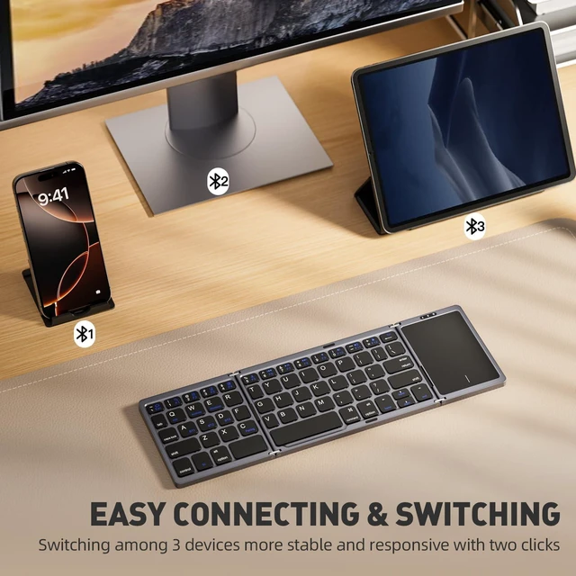 Alt view image 7 of 10 - kidopire Foldable Bluetooth Keyboard with Touchpad, Wireless Folding Portable Keyboards with Stand Holder, Ultra Slim Travel Keyboard for Android Windows iOS Tablet, Pocket-Sized, Gray