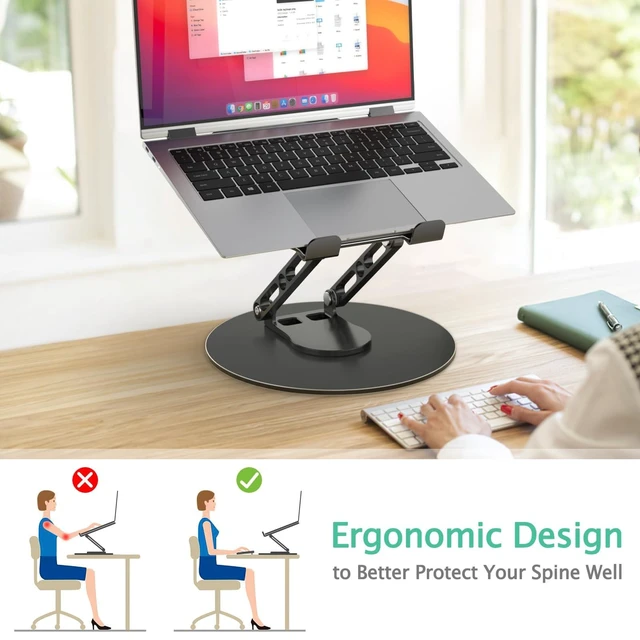 Alt view image 7 of 10 - GleYo Laptop Stand for Desk Adjustable Computer Stand with 360 Rotating Base Ergonomic Laptop Riser Mount for Desk Foldable Protable Computer Desk Fits with MacBook Pro Air, Round Black