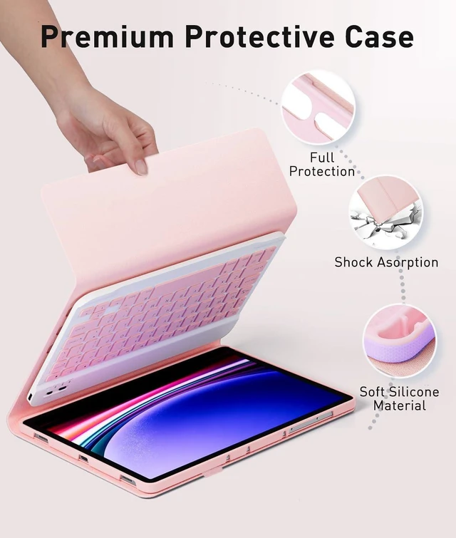 Alt view image 9 of 10 - TUNKARMOR Keyboard Case for Google Pixel Tablet 11 inch 2023, Mouse and Detachable Keyboard, PU Leather Cover Case Auto Sleep/Wake - Pink