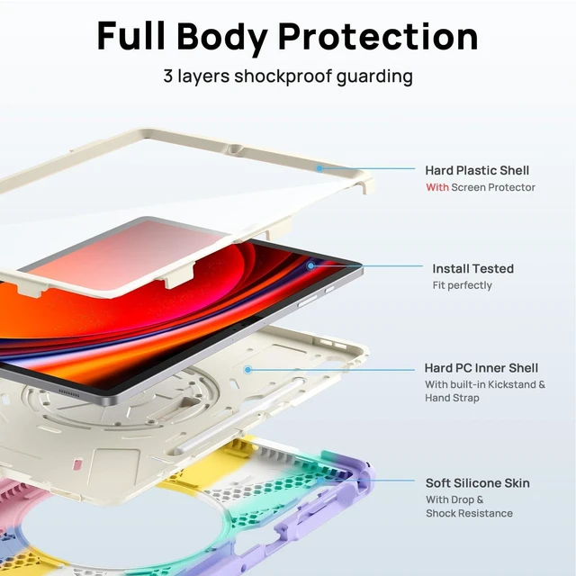 Alt view image 8 of 10 - Gerutek Case for Samsung Galaxy Tab S10 Plus/S9 Plus/S9 FE Plus/S8 Plus/S7 Plus/S7 FE 12.4 inch, Full-Body Drop Protective Case with Screen Protector, Pencil Holder, Hand Stand Strap, Colorful Pink
