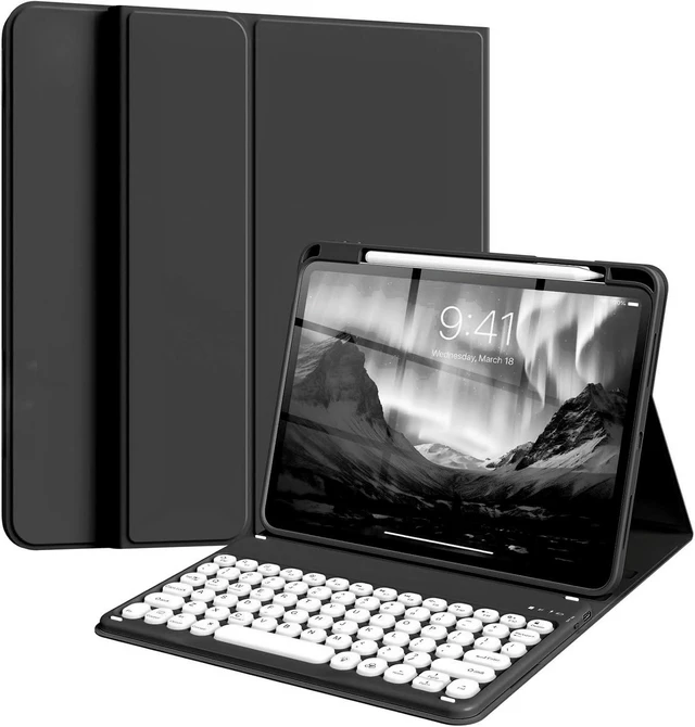 Alt view image 6 of 10 - Round Keys Keyboard Case for iPad mini 7(A17 Pro)/Mini 6, Cute Color Folio Stand Cover with Upper Pencil Holder/Magnetic Detachable Keyboard for iPad mini 7th/mini 6th GenerationBlack