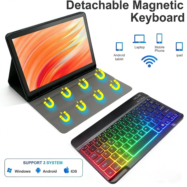 Alt view image 7 of 10 - GYSDCAZ Keyboard Case for Kindle Fire HD 10&10 Plus (2021&2023) 10.1 inch, 7 Color Rainbow Backlight Detachable Bluetooth Keyboard with Mouse (Black)