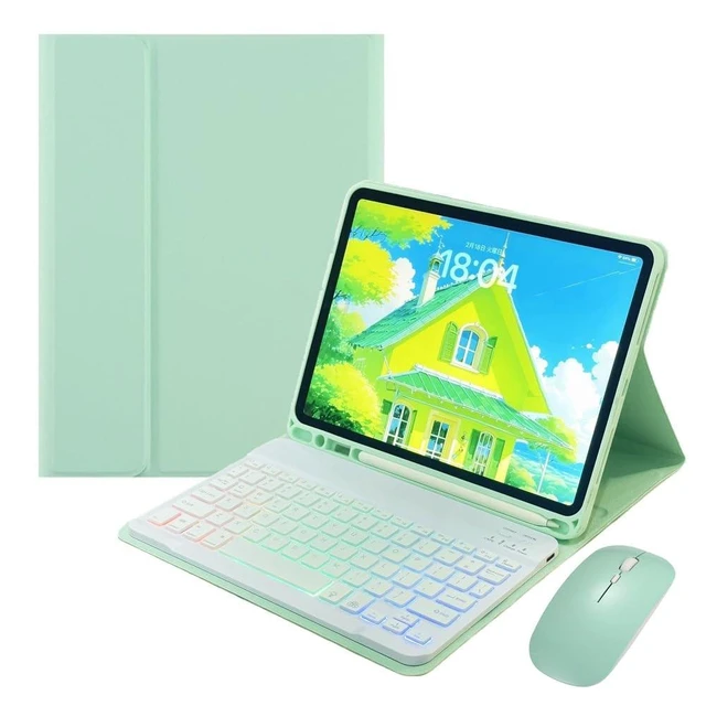 Alt view image 6 of 10 - Disonbeir Rainbow Backlit Keyboard Case for Galaxy Tab S6 Lite 10.4" Case with Mouse and 7 Colors RGB Colorful Backlight Detachable Bluetooth Keyboard,Mint Green+White