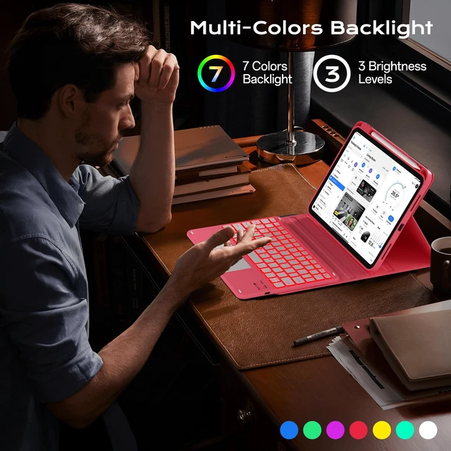 Alt view image 8 of 10 - JKSML Case for iPad 10th/11th (A16) Gen with 7 Colors Backlight Touchpad Keyboard and Pencil Holder, Detachable Wireless Bluetooth Keyboard, 10.9inch/11inch Case, Backlit Trackpad Rose-Pink