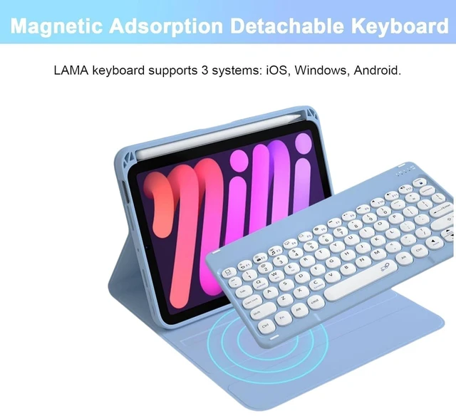 Alt view image 8 of 10 - Keyboard Case for iPad mini 7th (A17 Pro,2024)/ Mini 6th Generation 8.3 Inch with Mouse and Detachable Magnetically Round Key Keyboard, Slim Candy Case with Pencil HolderPink