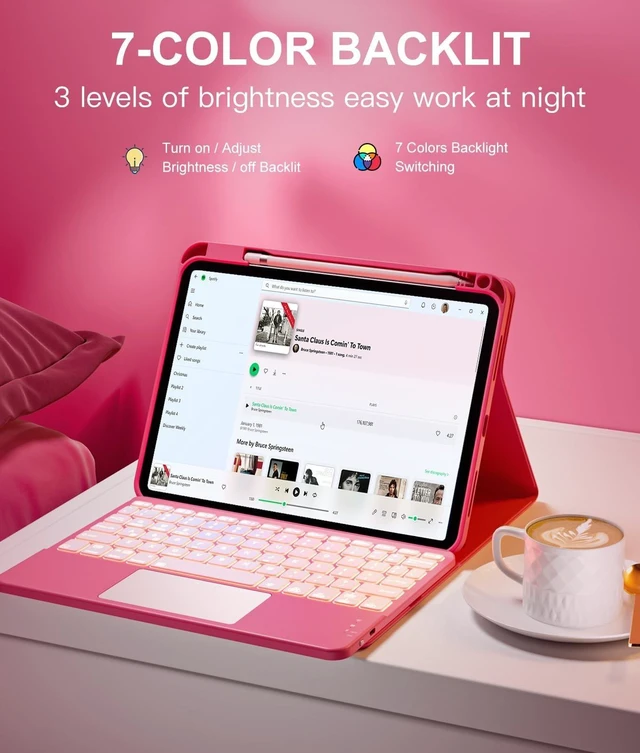 Alt view image 10 of 10 - Harvopu Compatible for iPad 11th 10th Generation Case with Keyboard, Folio Cover with Pencil Holder, Multi-Touch Trackpad, 7 Color Backlit, Detachable Keyboard for iPad (A16) 11th/10th Gen (Pink)