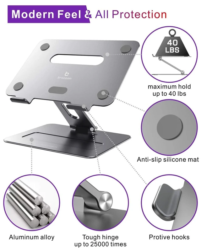 Alt view image 8 of 10 - brocoon Adjustable MacBook Laptop Stand for Desk ^^ Ergonomic Aluminum Laptop Riser with Heat-Vent, Compatible for 10-17" Laptops, Space Grey