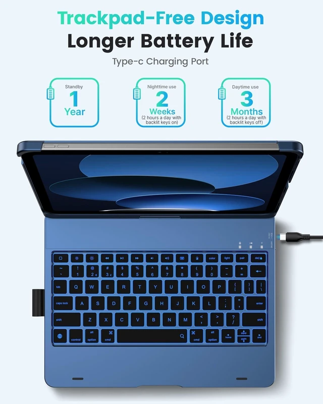 Alt view image 8 of 10 - typecase Flexbook Keyboard Case for iPad 11th (A16, 2025) and iPad 10th Gen (10.9", 2022) No Trackpad, 11-Color Backlight, 360 Rotatable, 7 Use Modes, Thin & Lightweight Midnight Blue