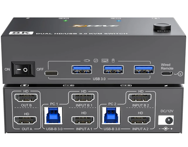 Alt view image 6 of 10 - 8K HDMI KVM Switch 2 Monitors 2 Computers 8K@60Hz 4K@144Hz,MLEEDA USB 3.0 Dual Monitor KVM Switch for 2 Computer Share 2 Monitor and 4 USB Devices,Wired Remote,12V Power Adapter and USB Cable Included