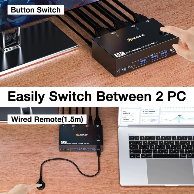Alt view image 10 of 10 - 8K HDMI KVM Switch 2 Monitors 2 Computers 8K@60Hz 4K@144Hz,MLEEDA USB 3.0 Dual Monitor KVM Switch for 2 Computer Share 2 Monitor and 4 USB Devices,Wired Remote,12V Power Adapter and USB Cable Included