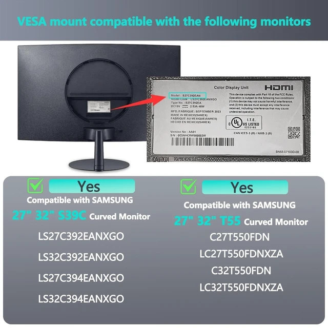 Alt view image 12 of 12 - S39C Mount Adapter Compatible with Samsung S39C T55 Curved MonitorFits LC27T550FDNXZA, LC32T550FDNXZA, LS27C394EANXGO, LS32C394EANXGO, LS27C392EANXGO, LS32C392EANXGO Monitor