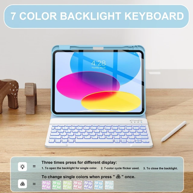 Alt view image 9 of 10 - Soke for iPad (A16) 11th/10th Generation Case with Keyboard(2025/2022)-7 Color Backlight Wireless Detachable Folio Keyboard Cover with Built-in Pencil Holder for iPad 11/10.9 inch, Ice Blue