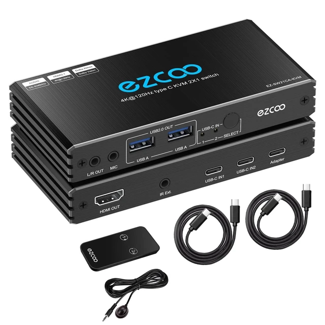 Alt view image 6 of 10 - 4K@120Hz USB-C HDMI2.1 KVM Switch for 2 Laptops with 2 USB 2.0 Ports L/R MIC Out Share 1 Monitors Keyboard Mouse Hard Drive Printer